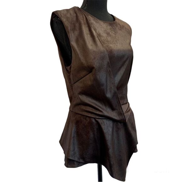 Nha Khanh brown faux suede asymmetrical draped peplum top Sz 10 sleeveless - Picture 7 of 16